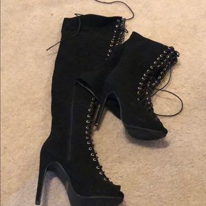 Over the knee open toe boots